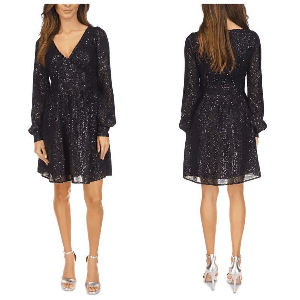 🖤✨ MICHAEL KORS Black Sequin Stripe Long Sleeve V-Neck Dress SIZE M $195 NWT - Picture 5 of 17